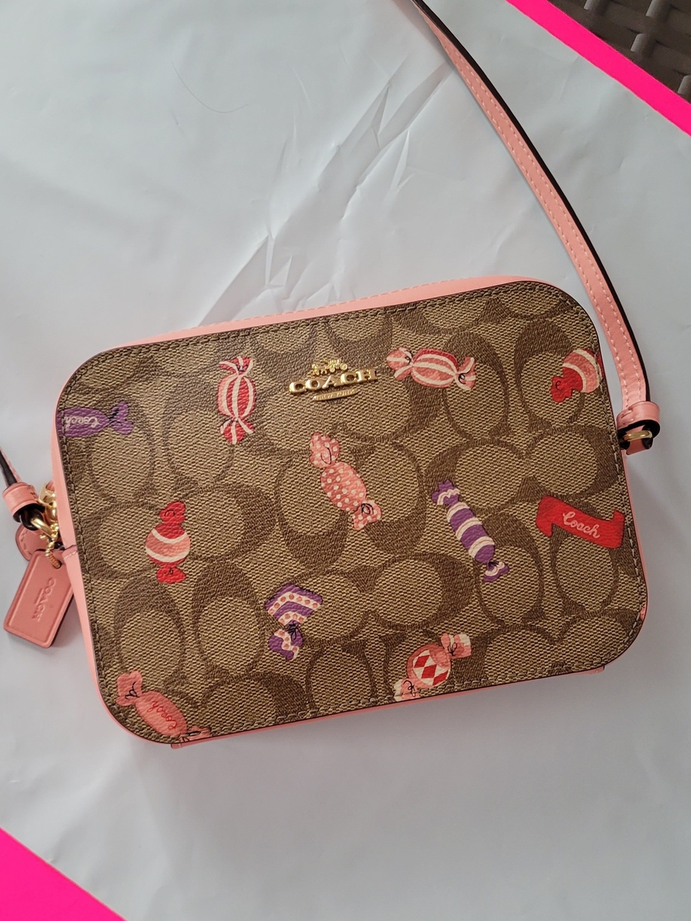 COACH Pink Candy Print Signature Canvas Crossbody Bag